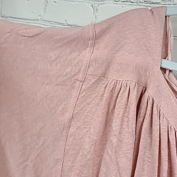 Free People NWT Pink Linen Oversized Tee Strawberry Crop Top Bow Tie Back Blouse - Picture 12 of 12